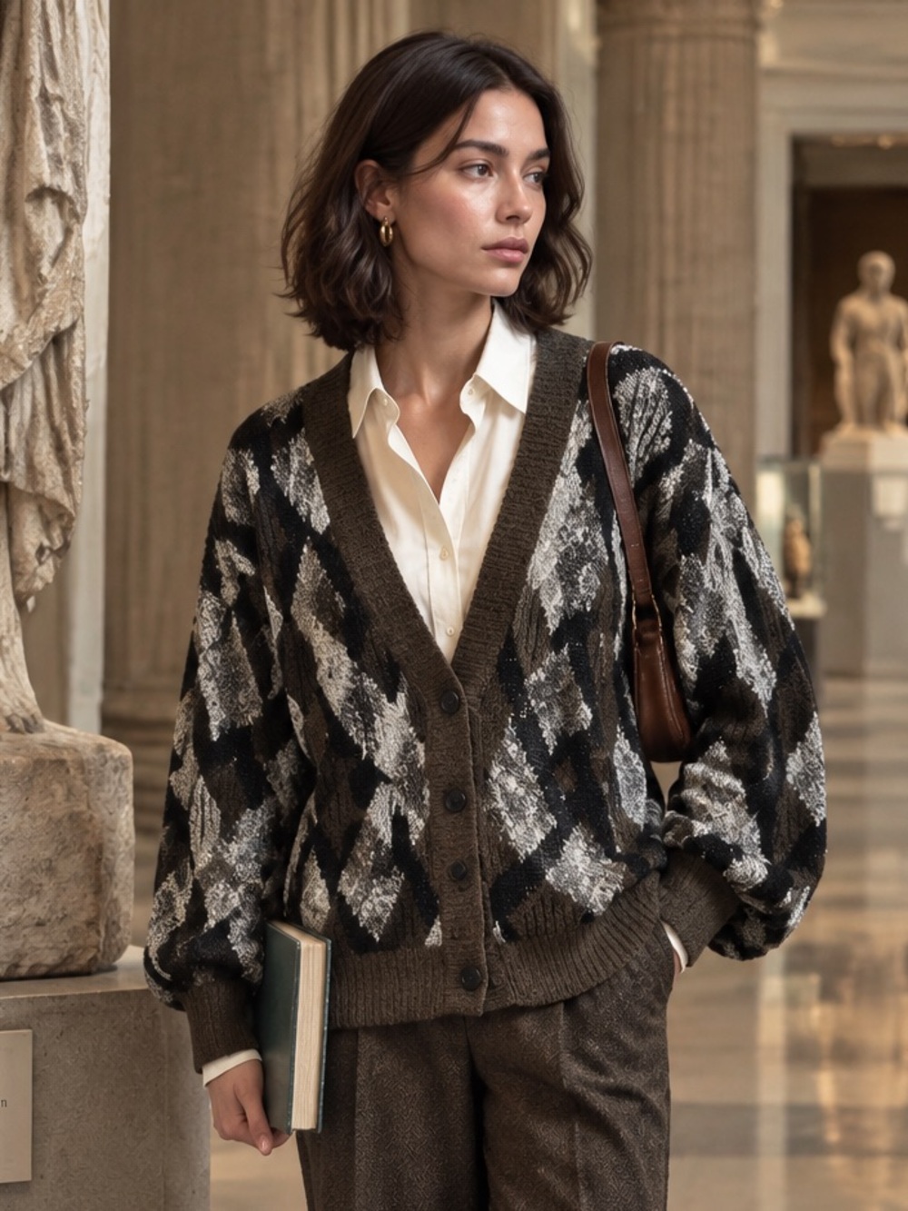 VINTAGE LE TIGRE Oversized Preppy Argyle Plaid Dark Academia Cardigan, L